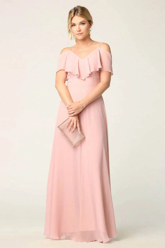 Chiffon Cold Shoulder Ruffle Sleeve Bridesmaid Dress