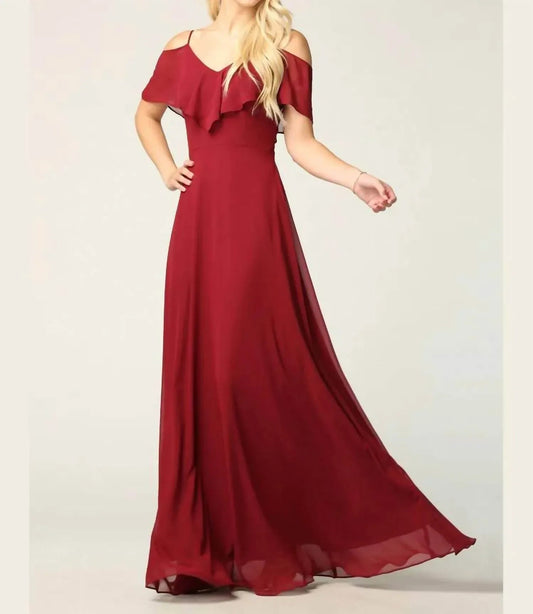 Chiffon Cold Shoulder Ruffle Sleeve Bridesmaid Dress