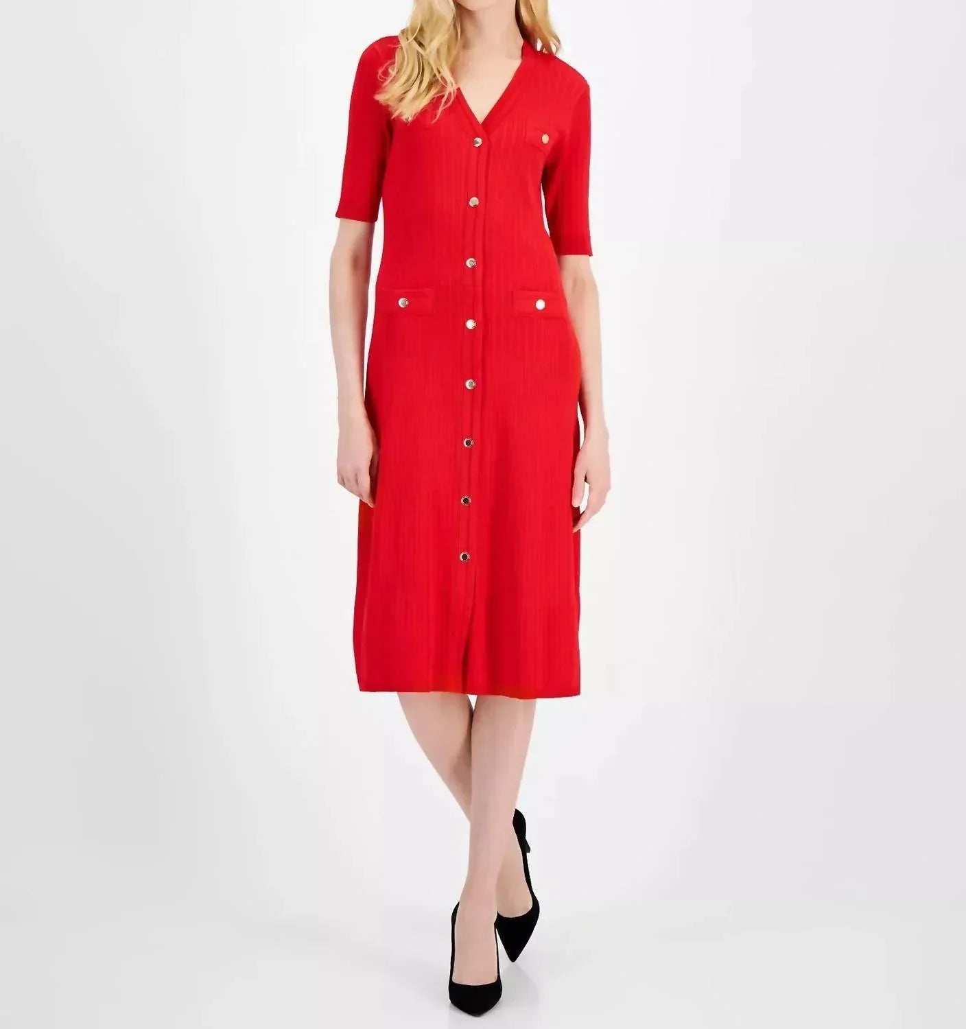 Geripptes A-Linien-Kleid mit Knopfleiste