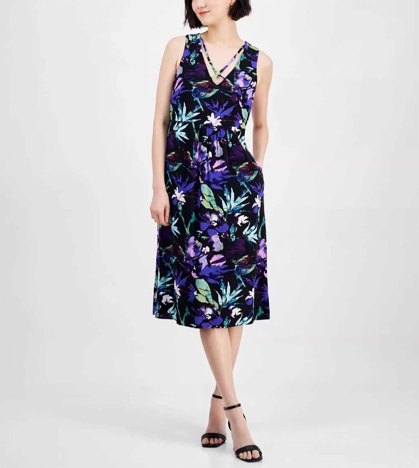Trägerloses V-Ausschnitt Blumen Midikleid