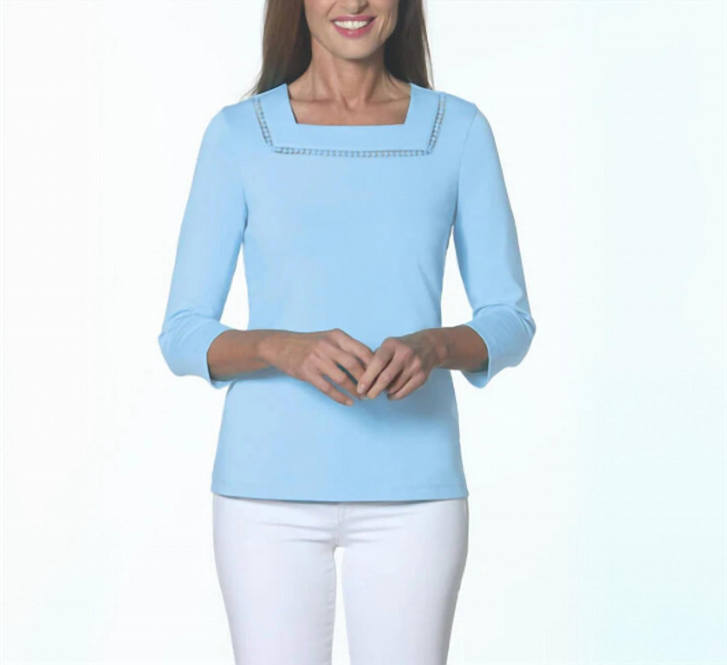 3/4 Sleeve Square Neck Top With Stitch Details