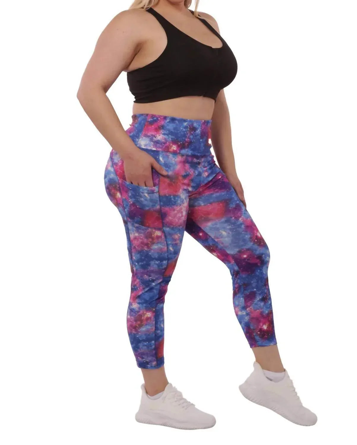 PLUS SIZE HIGH WAIST TUMMY CONTROL SPORTS LEGGINGS WITH SIDE POCKETS