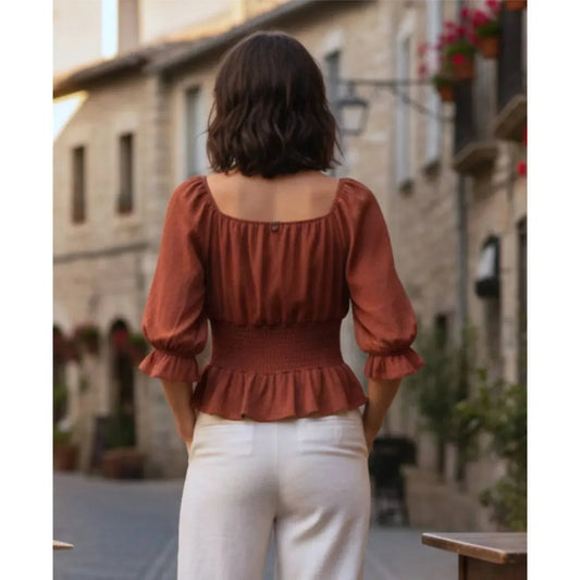 Button Accent Cinched Waist Knit Boho Blouse