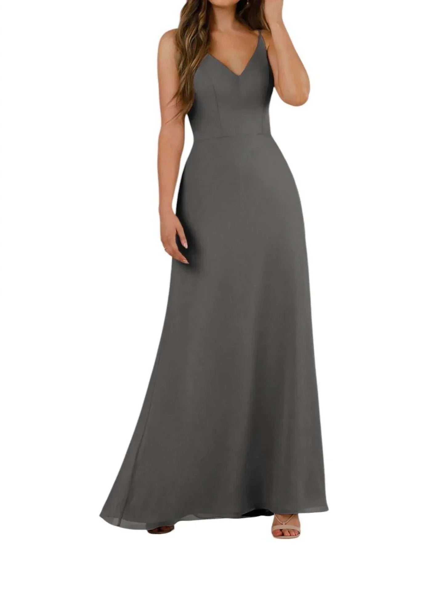 Einfaches Brautjungfernkleid mit V-Ausschnitt und bodenlangem Rock
