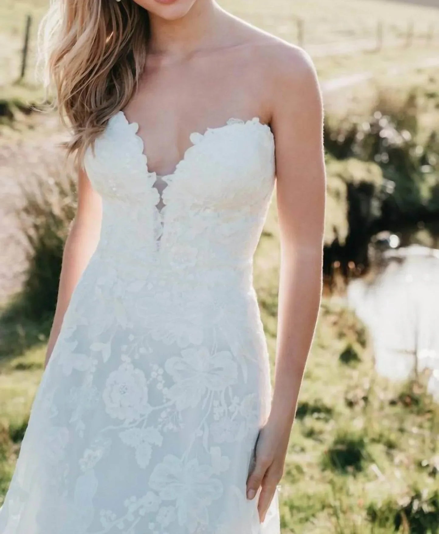 Strapless A-Line Wedding Gown with Floral Appliques