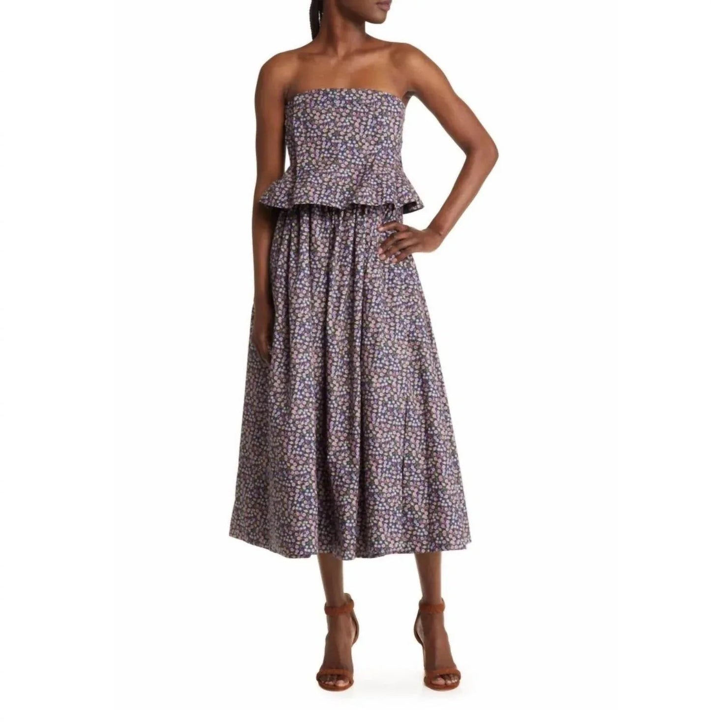 Women's Floral Ditsy Pintuck Peplum Strapless Midi Dress