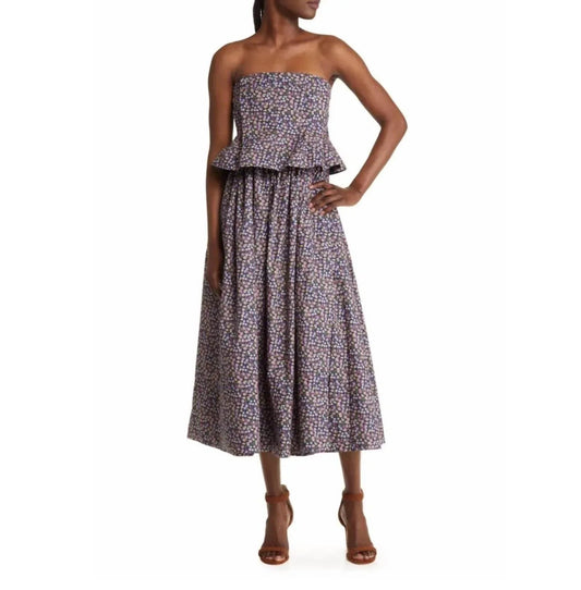 Women's Floral Ditsy Pintuck Peplum Strapless Midi Dress