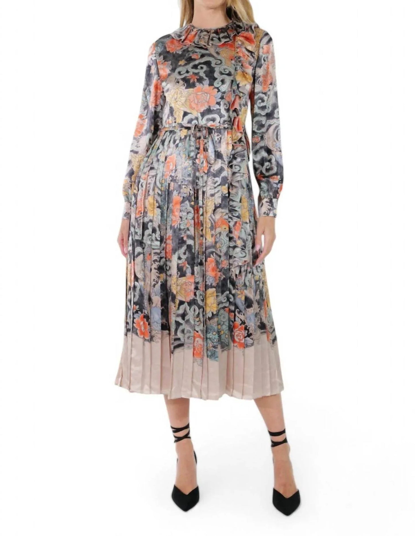 Printed Pleated Midi Dress