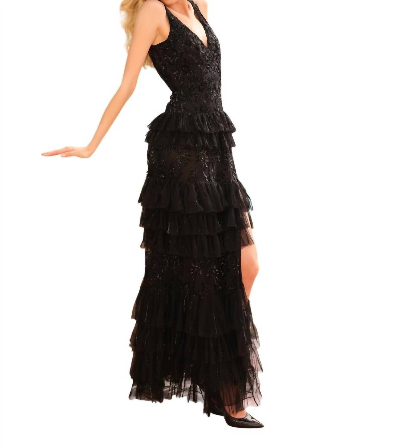 Beaded Long Ruffled Prom Dress
