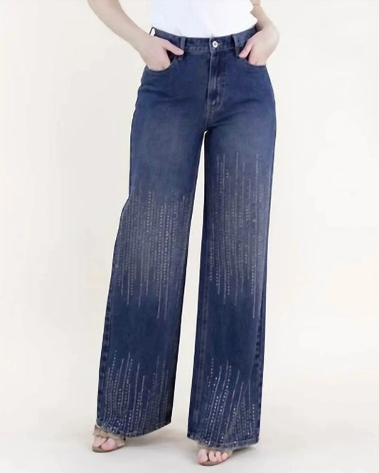 Square Rhinestone Lines Embellished High Rise Wide Leg Jeans Plus