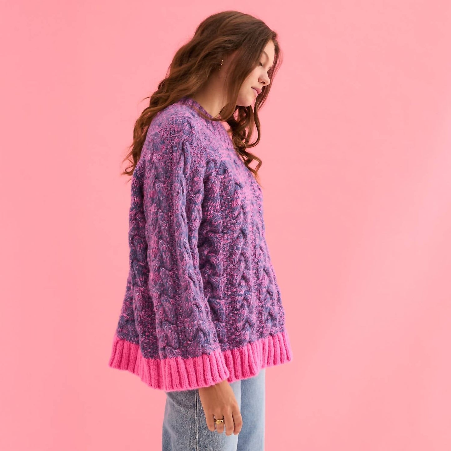 Jennie Cable Marled Strickpullover mit hohem Kragen und Ballonärmeln