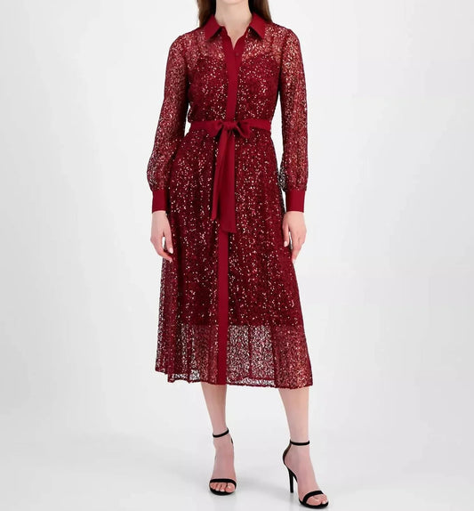 Button-front Tie-waist Cabernet Dress