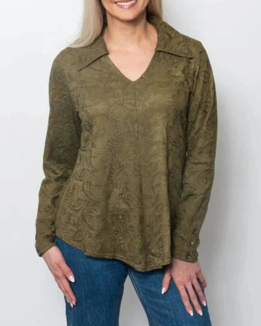 Embroidered Suede Johnny Collar Shirt