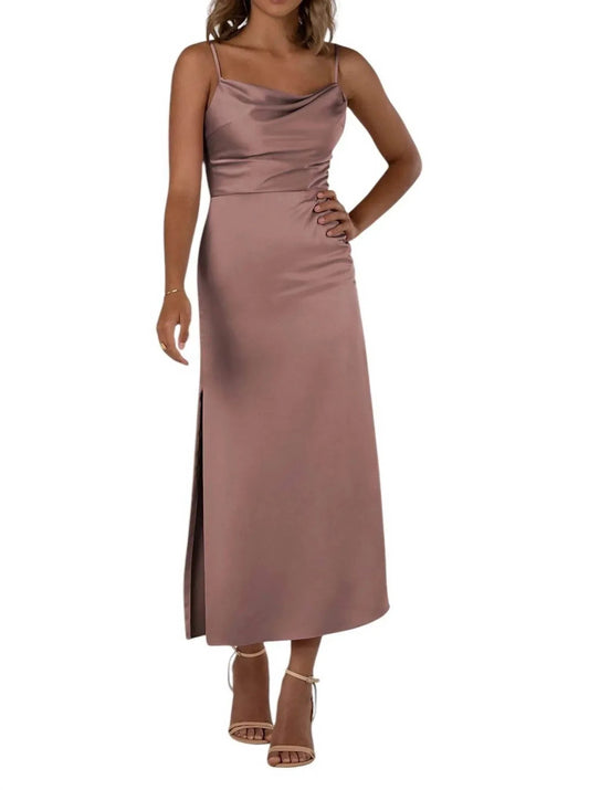 Teelanges Brautjungfernkleid aus Charmeuse mit Rockschlitz