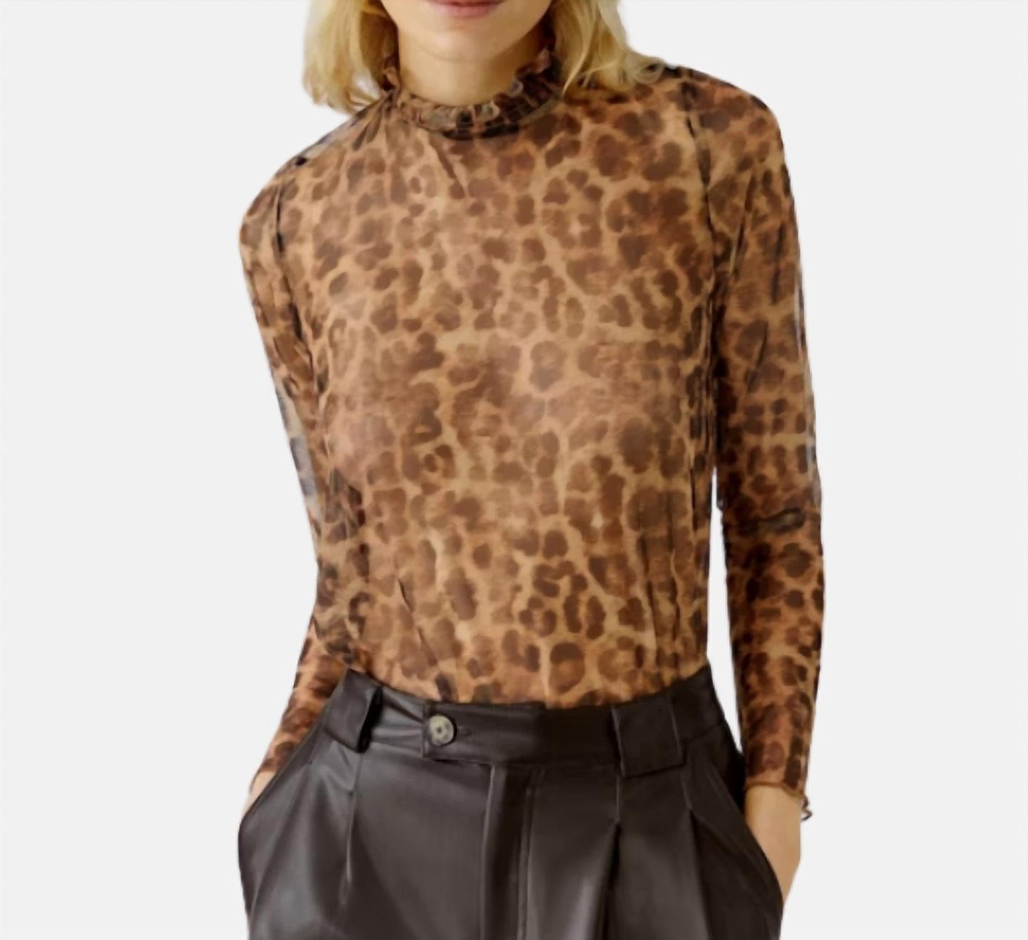 Mock Neck Animal Print Sheer Top