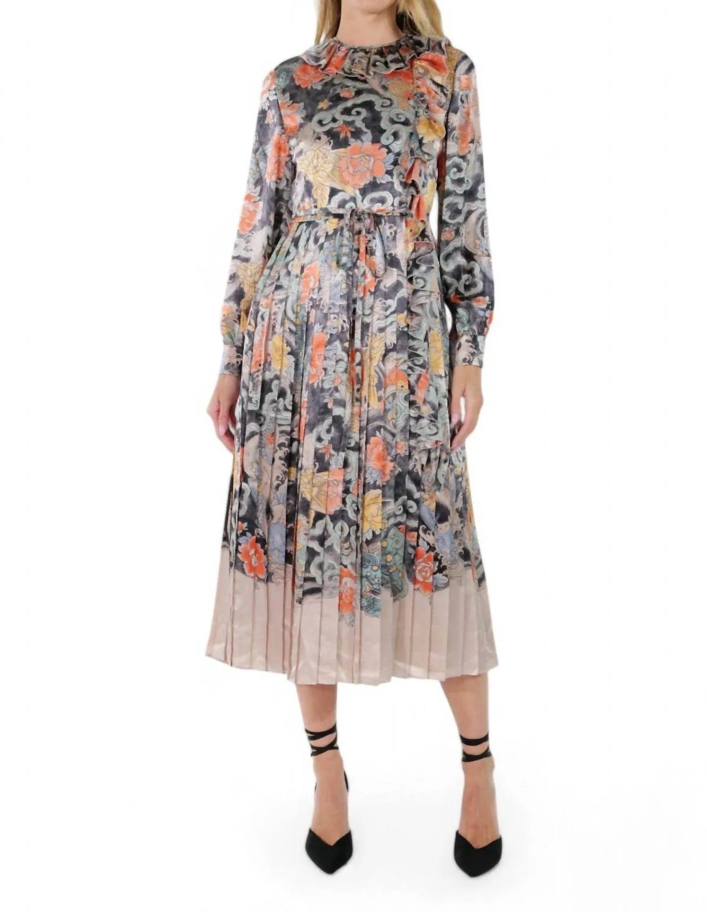 Printed Pleated Midi Dress