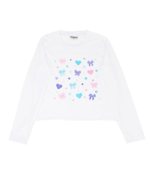 Mädchen Langarm-T-Shirt mit fröhlichen Herzen, Schleifen und Sternen