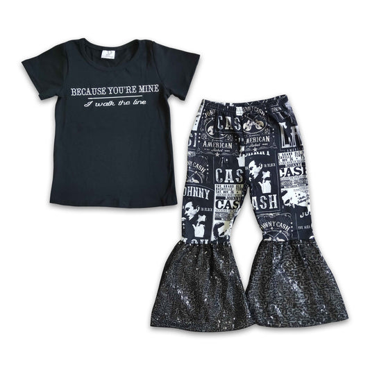 Mädchen Schwarzes Baumwoll-Vinyl-Shirt Paillettenhose Sängerinnen-Outfit