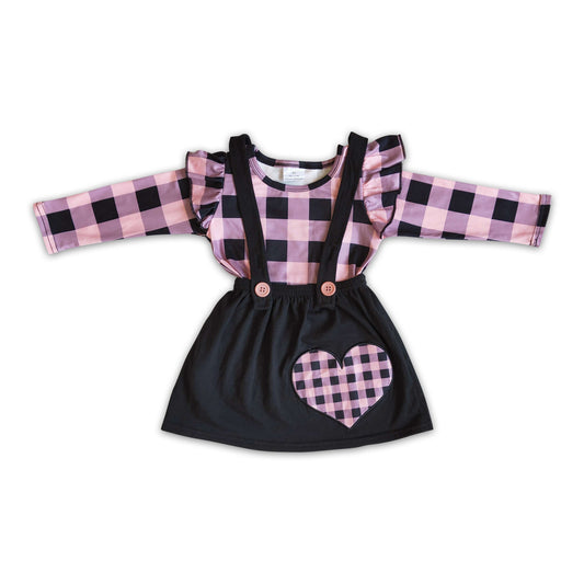 Herz-Stickerei-Karo-Langarmshirt-Trägerrock Mädchen Valentinstags-Outfits