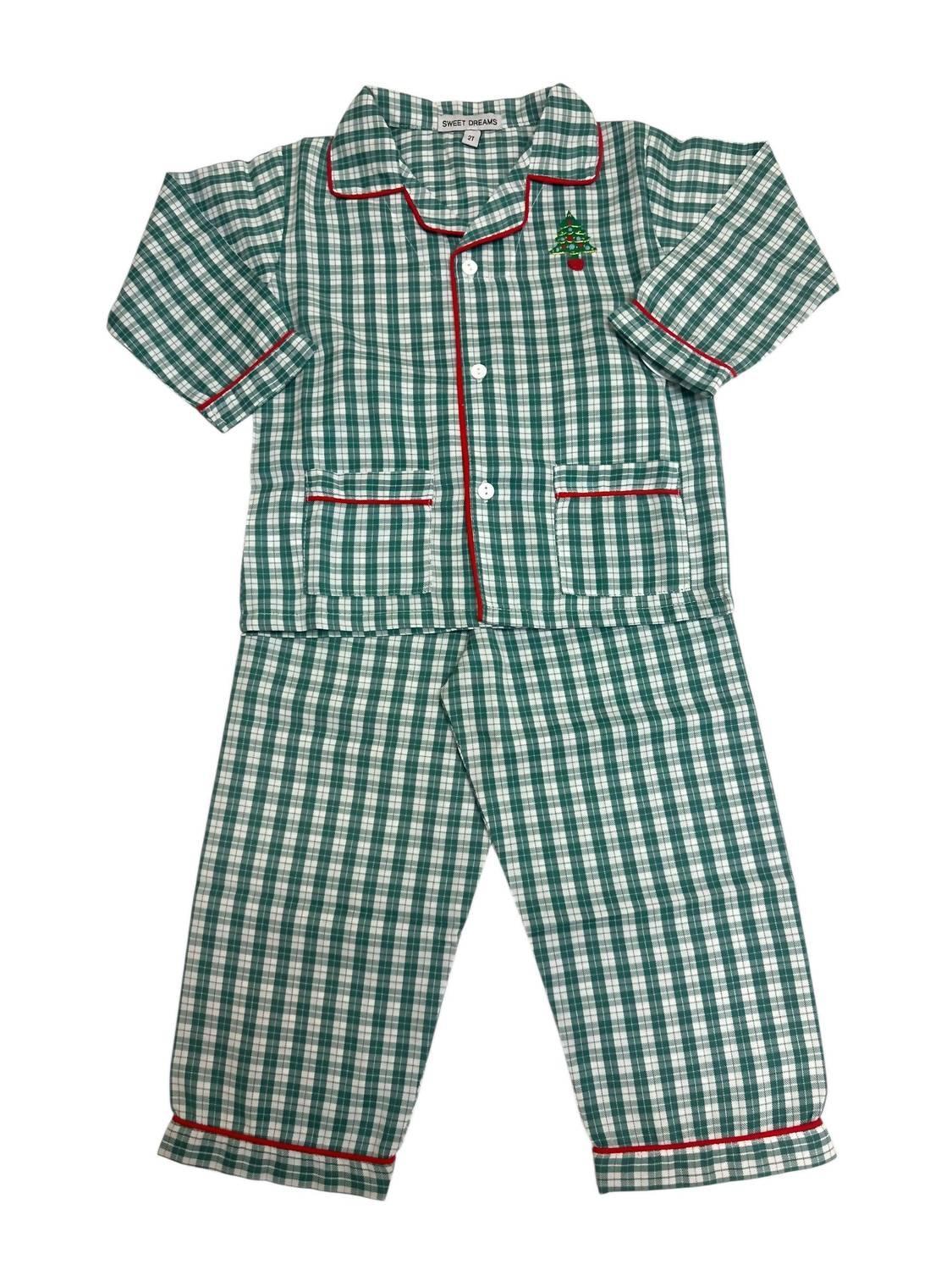 Jungen Pyjama-Set aus kariertem Stoff mit Weihnachtsbaum-Stickerei