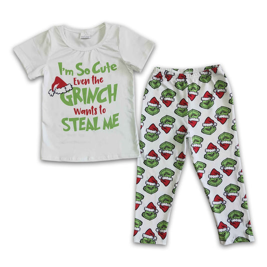 Weißes kurzärmeliges Shirt mit grüner Leggings, Mädchen-Weihnachtskleidung