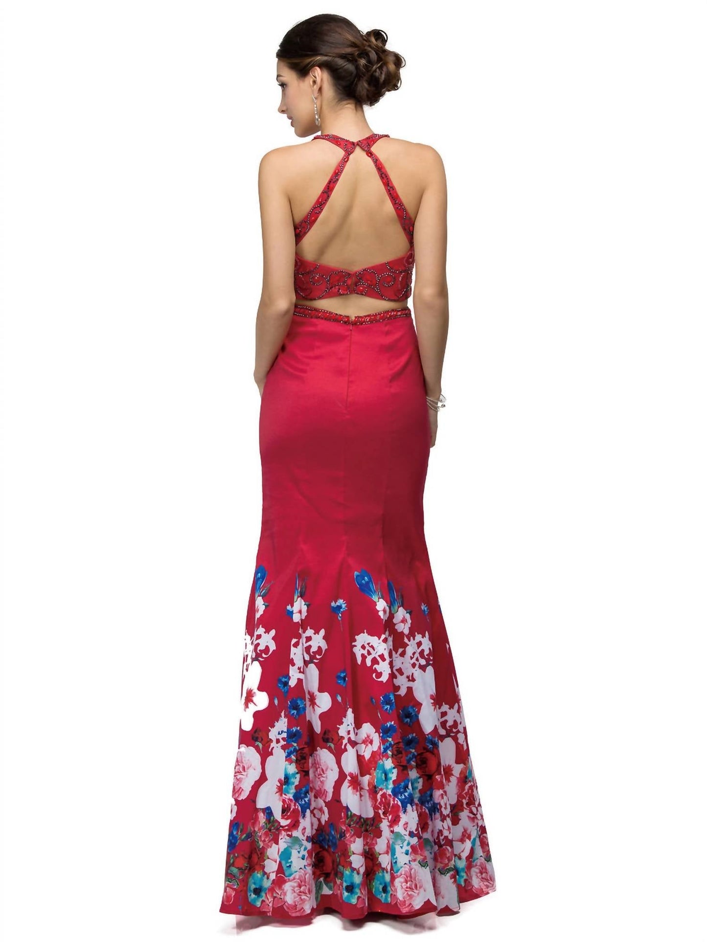 Besticktes Neckholder-Meerjungfrauenkleid mit Blumenmuster am Saum