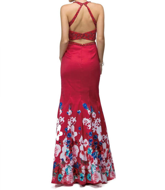 Embroidered Halter Neck Mermaid Gown With Floral Hem Detail