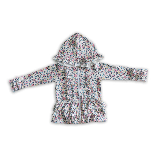 Weiße bunte Leoparden-Reißverschluss-Mädchen-Rüschen-Kapuzenjacke