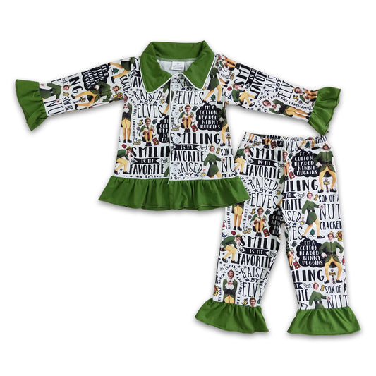Grüner Rüschen-Langarm-Pyjama „Naughty and Nice“ für Mädchen zu Weihnachten