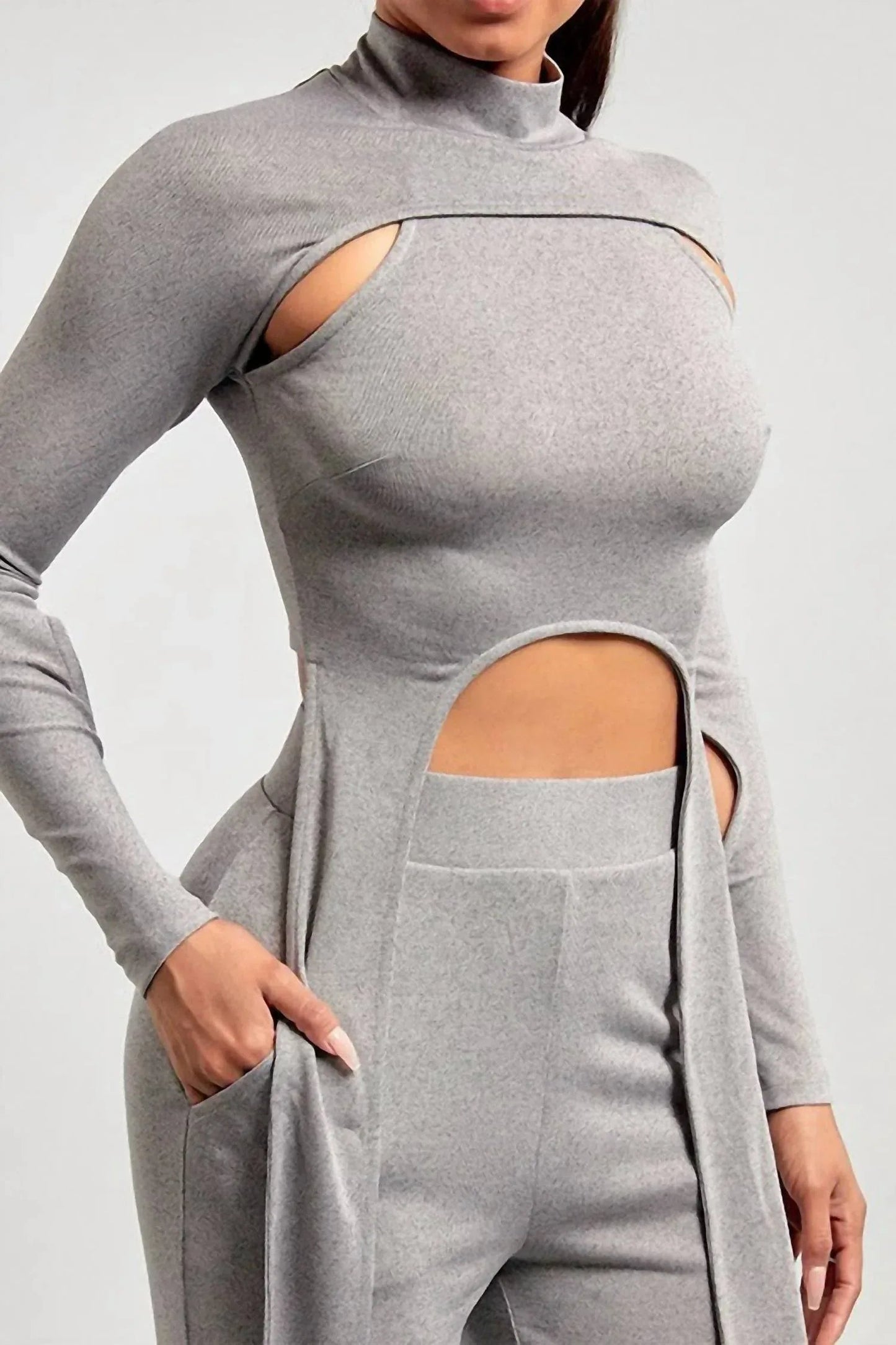Mock Neck Cropped Top Two Piece Pants Set
