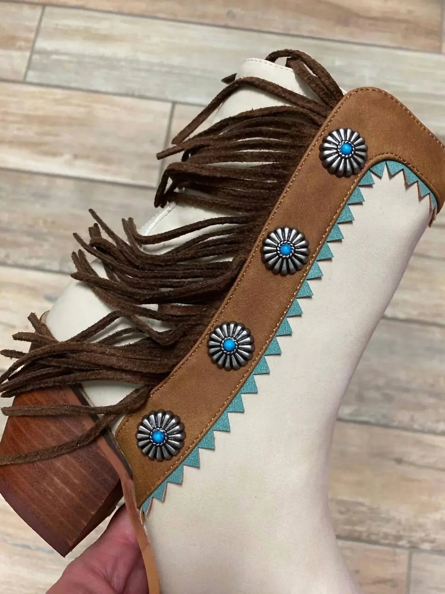 Women's Fringe Denim Boots With Conchos