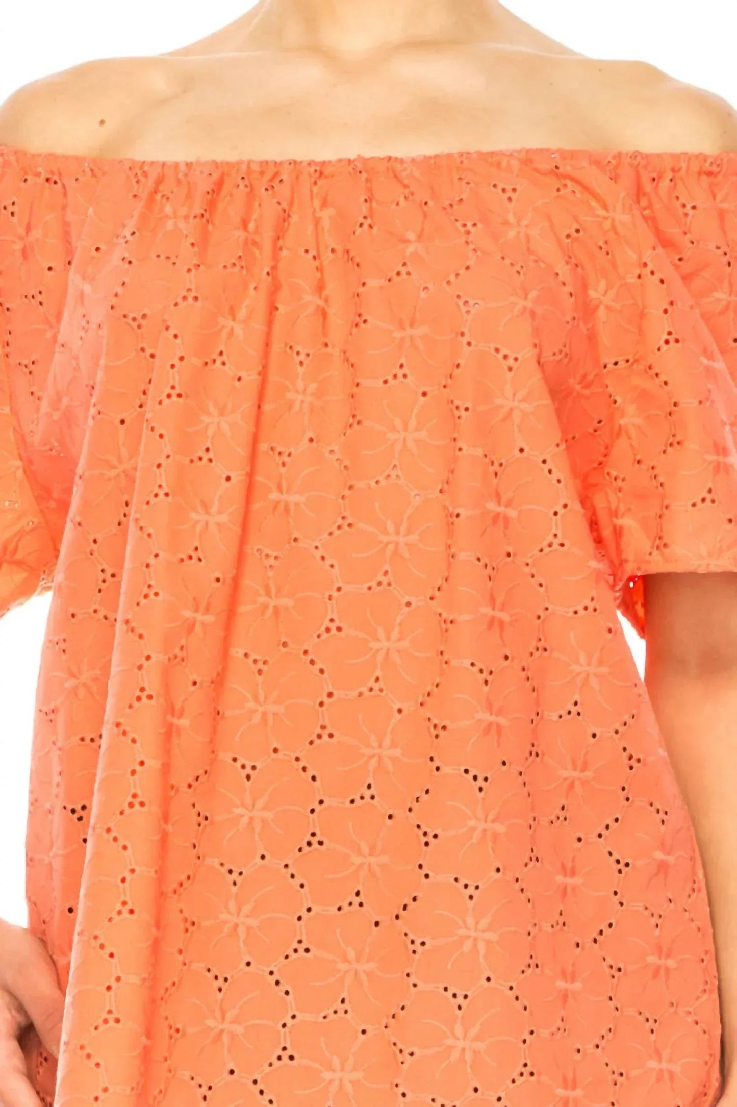 Floral Eyelet Elastic Neckline Top