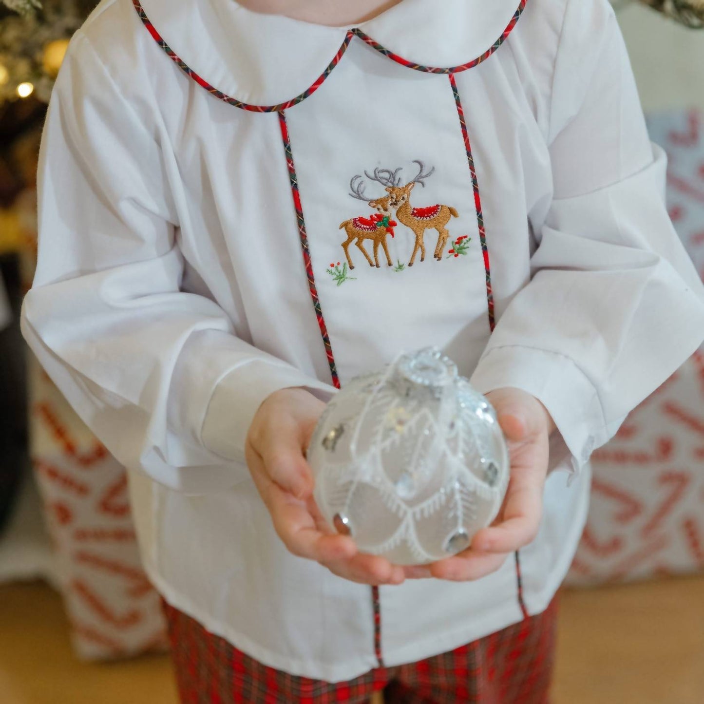 Kid's Reindeer On Plaid Dressy Pant Set