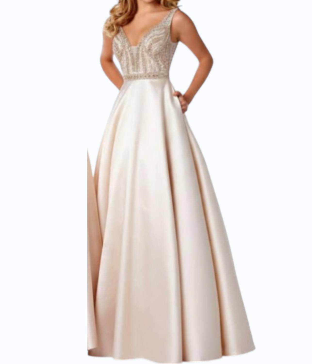 Abendkleid aus Satin mit Perlen, V-Ausschnitt und A-Linie