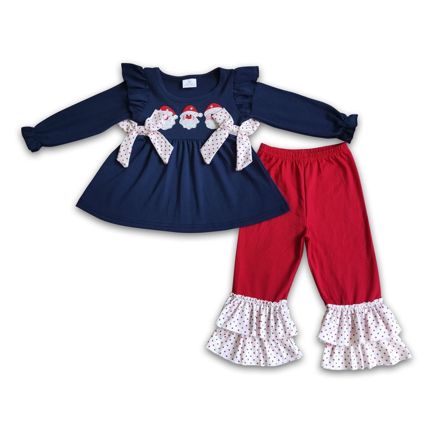 Weihnachtliche Stickerei dunkelblaue Baumwoll-Tunika-Hose Mädchen Weihnachtsoutfits