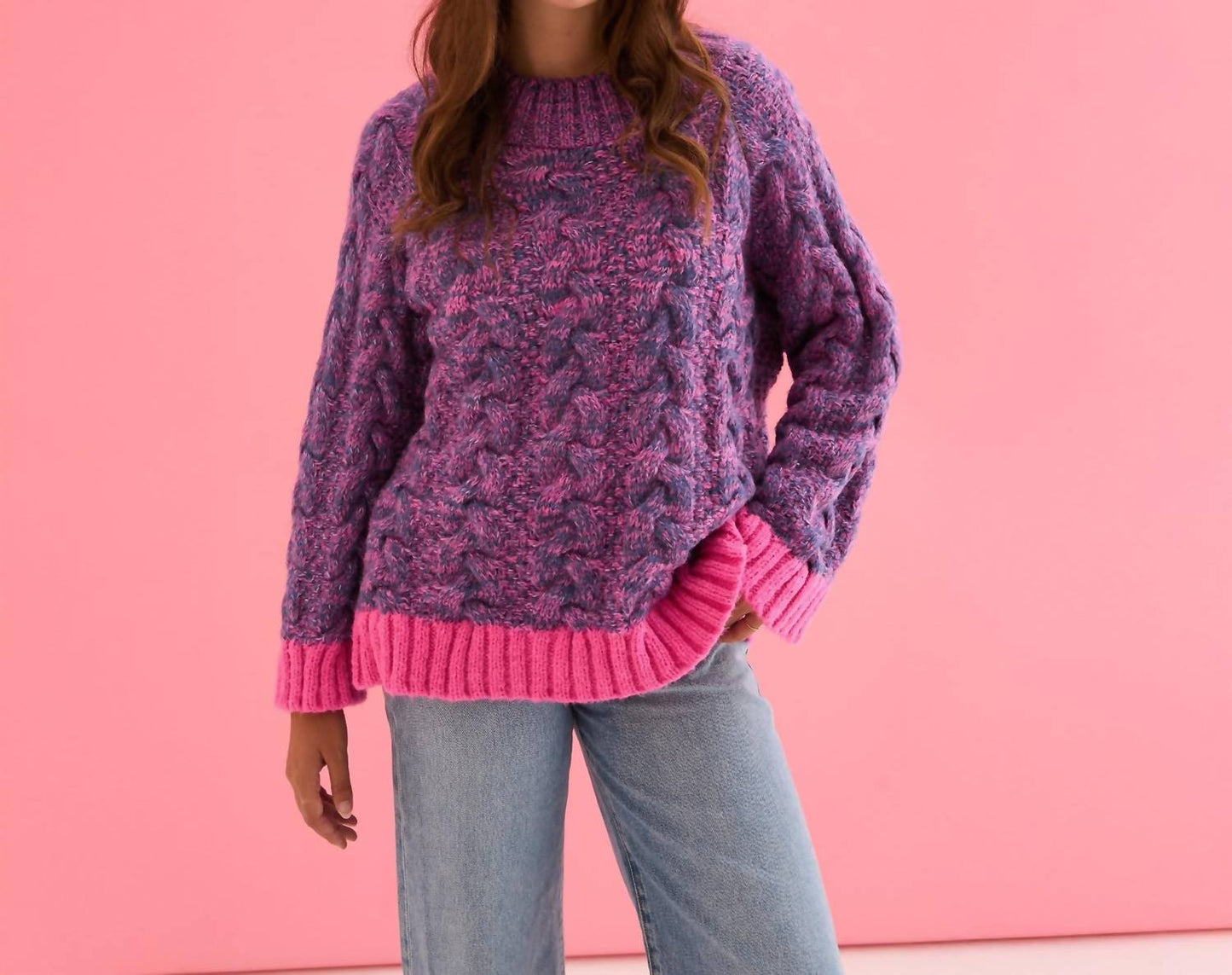 Jennie Cable Marled Strickpullover mit hohem Kragen und Ballonärmeln