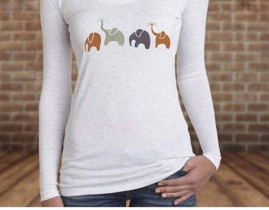 Womens Happy Elephant Family Long Sleeve Scoop Neck T-Shirt