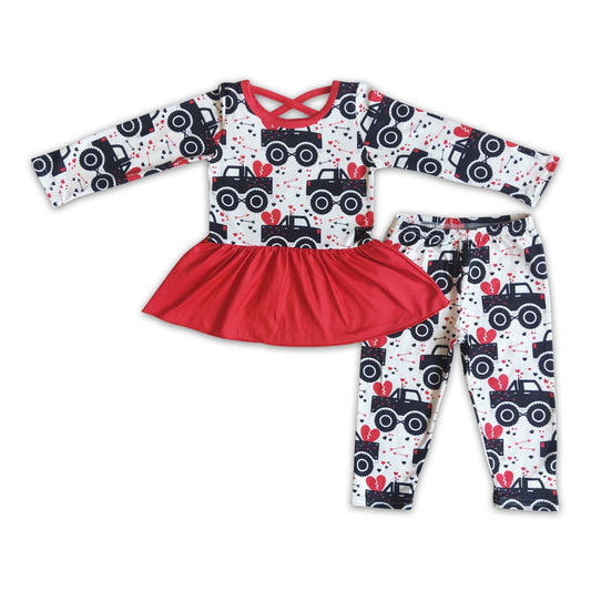 Traktor-Herz-Print Schößchen-Leggings Mädchen Valentinstags-Kleidungsset
