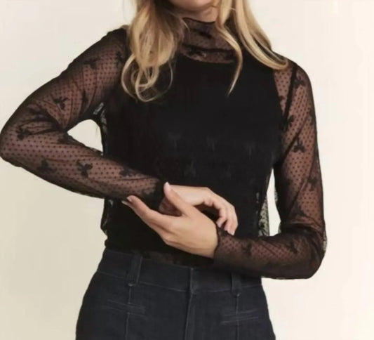 Bow Print Sheer Lace Top