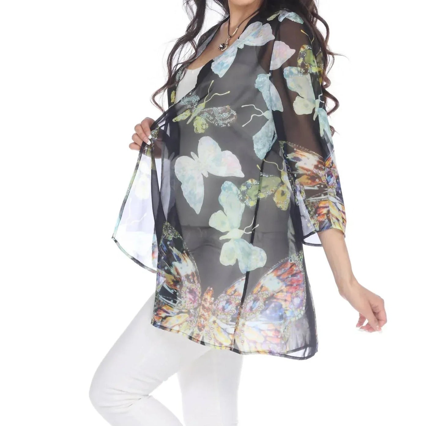 Sheer Butterfly Print Kimono Cardigan