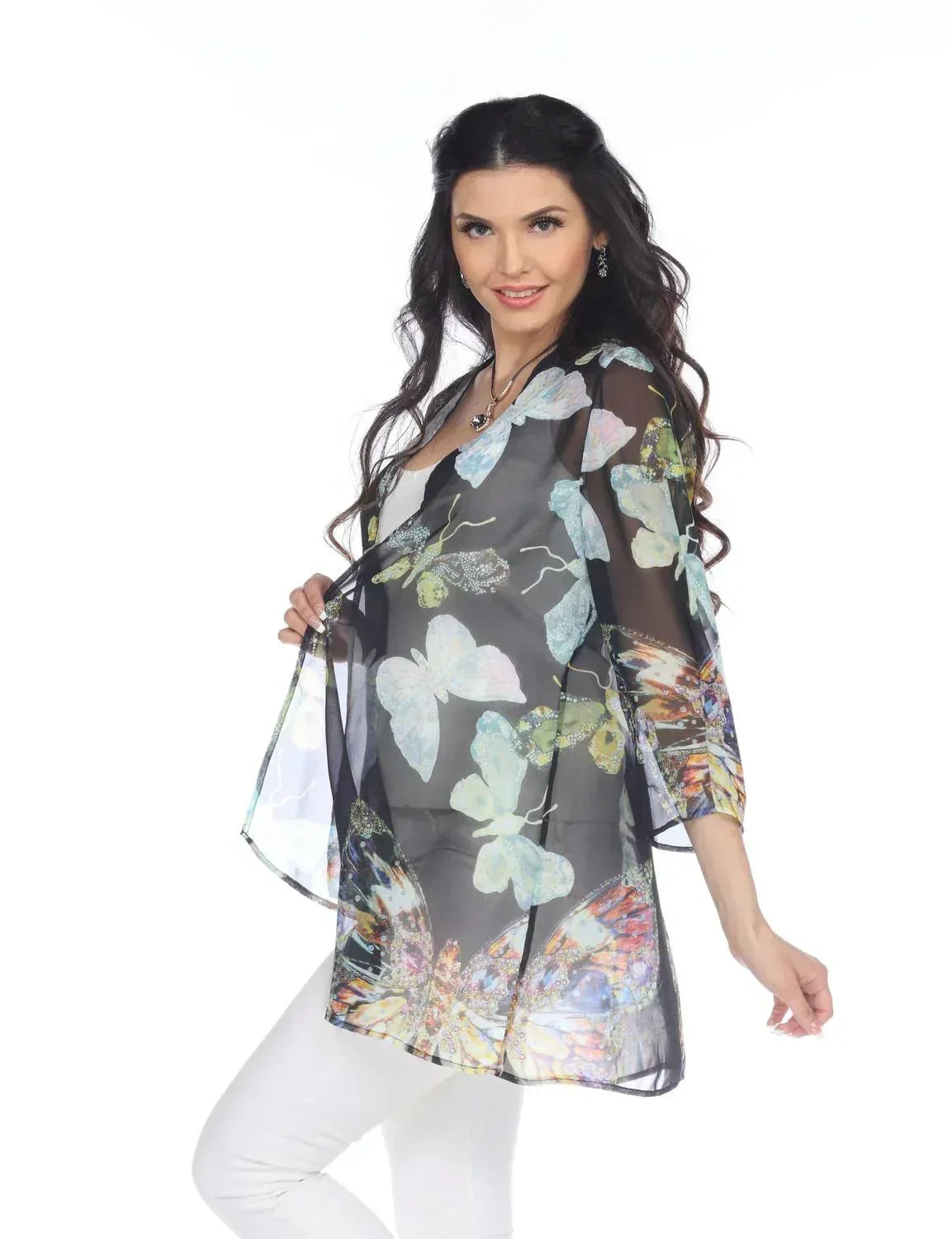 Sheer Butterfly Print Kimono Cardigan