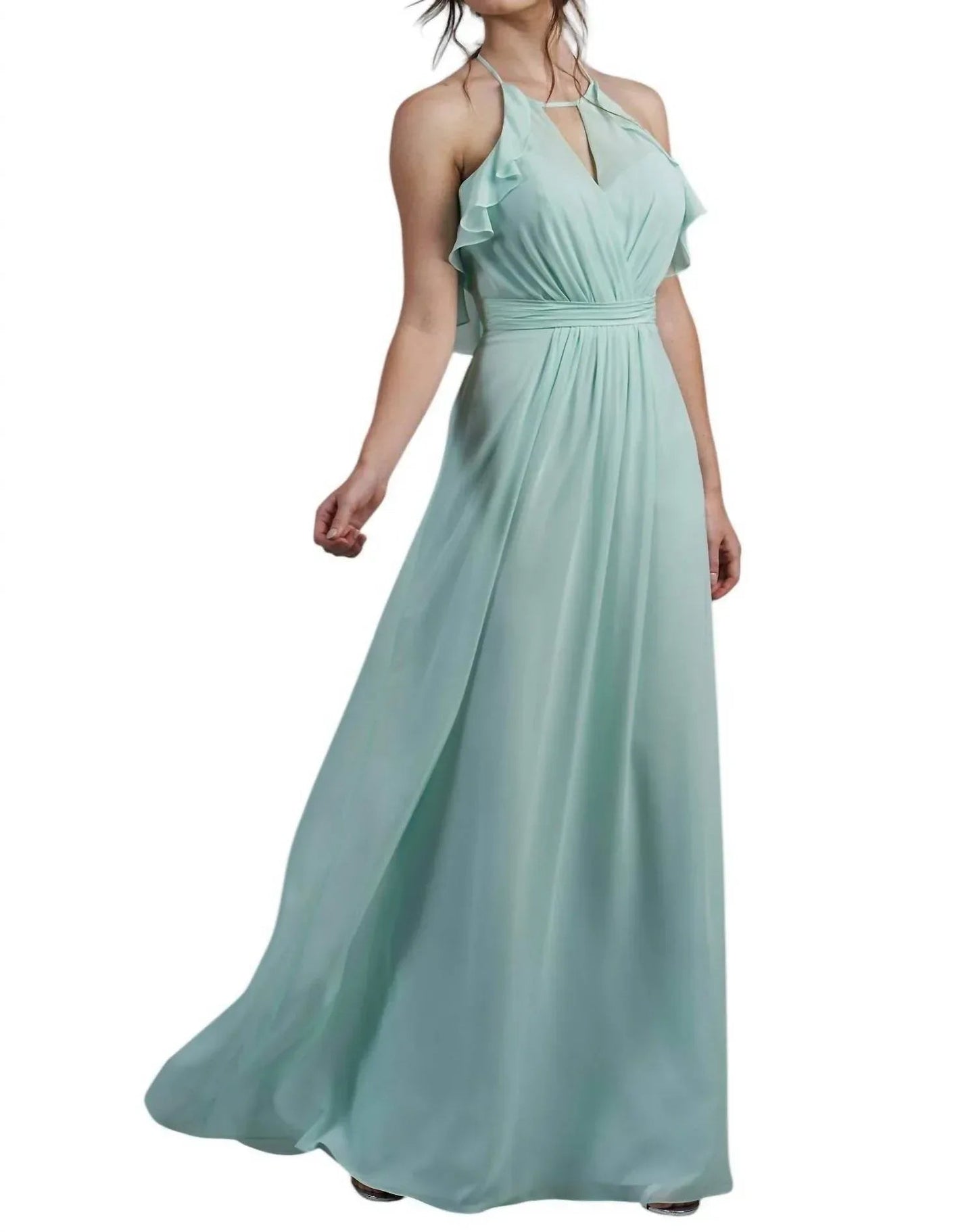Poly Chiffon Long Bridesmaid Dress with Jewel Neckline