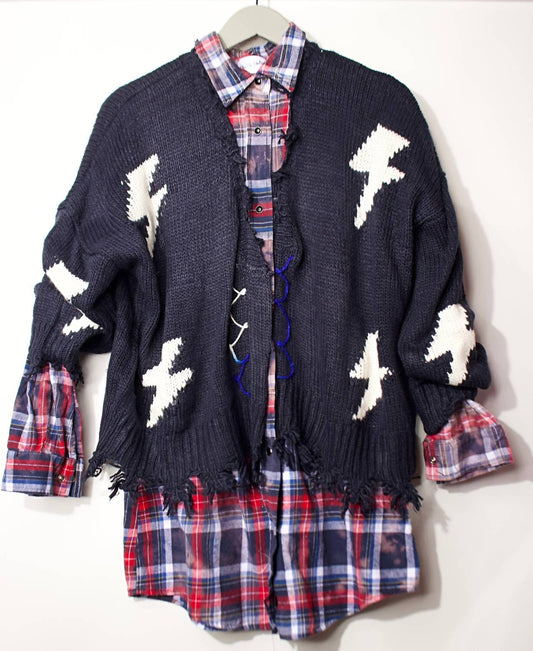 Women's Plaid Shirt With Zig Zag Fringe Sweater - 2 Piece Set