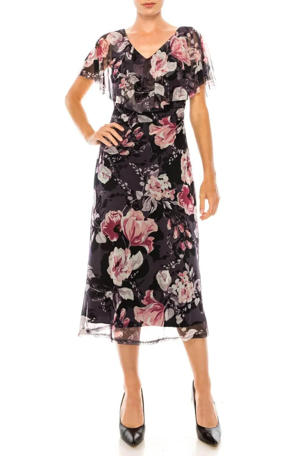 Geblümtes Cape-Midi-Kleid