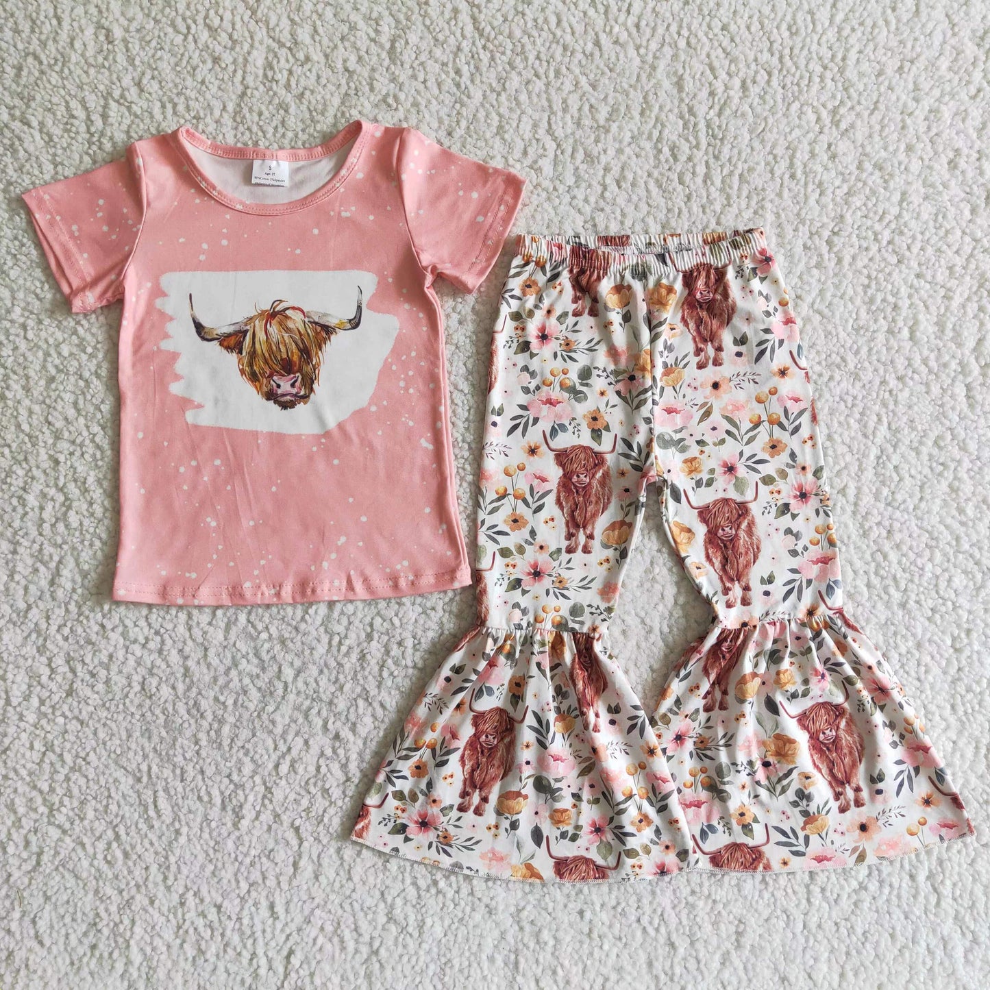 Highland Kuh Print Shirt Schlaghose Mädchen Frühlingskleidung