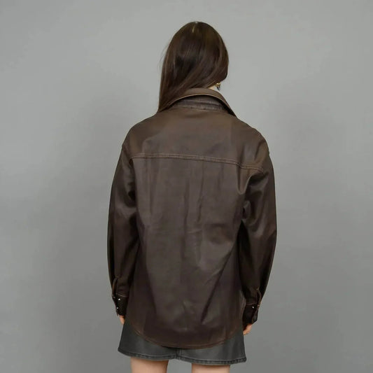 Aliska Distressed Faux Leather Snap Front Shirt