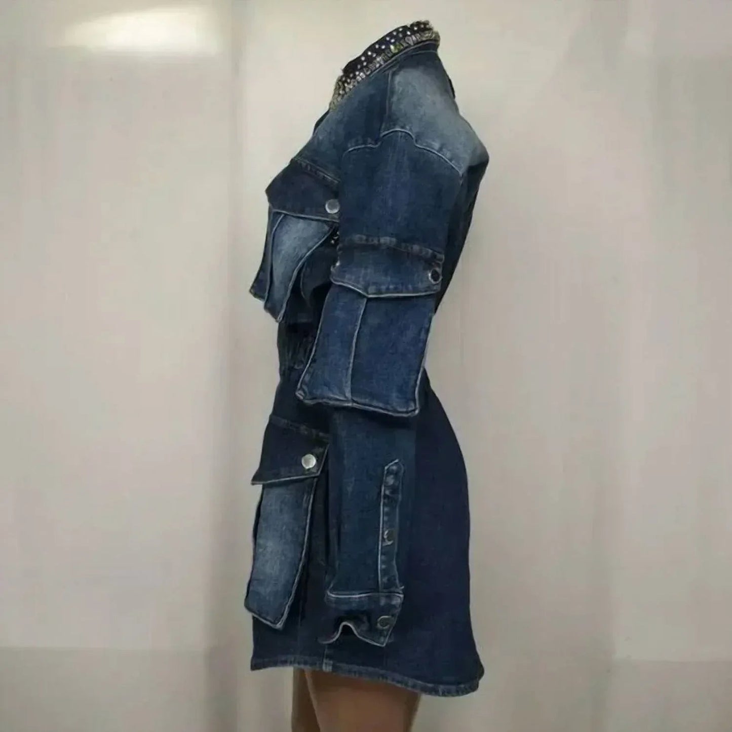 Women's Long Sleeve Strass Denim Cargo Jacket