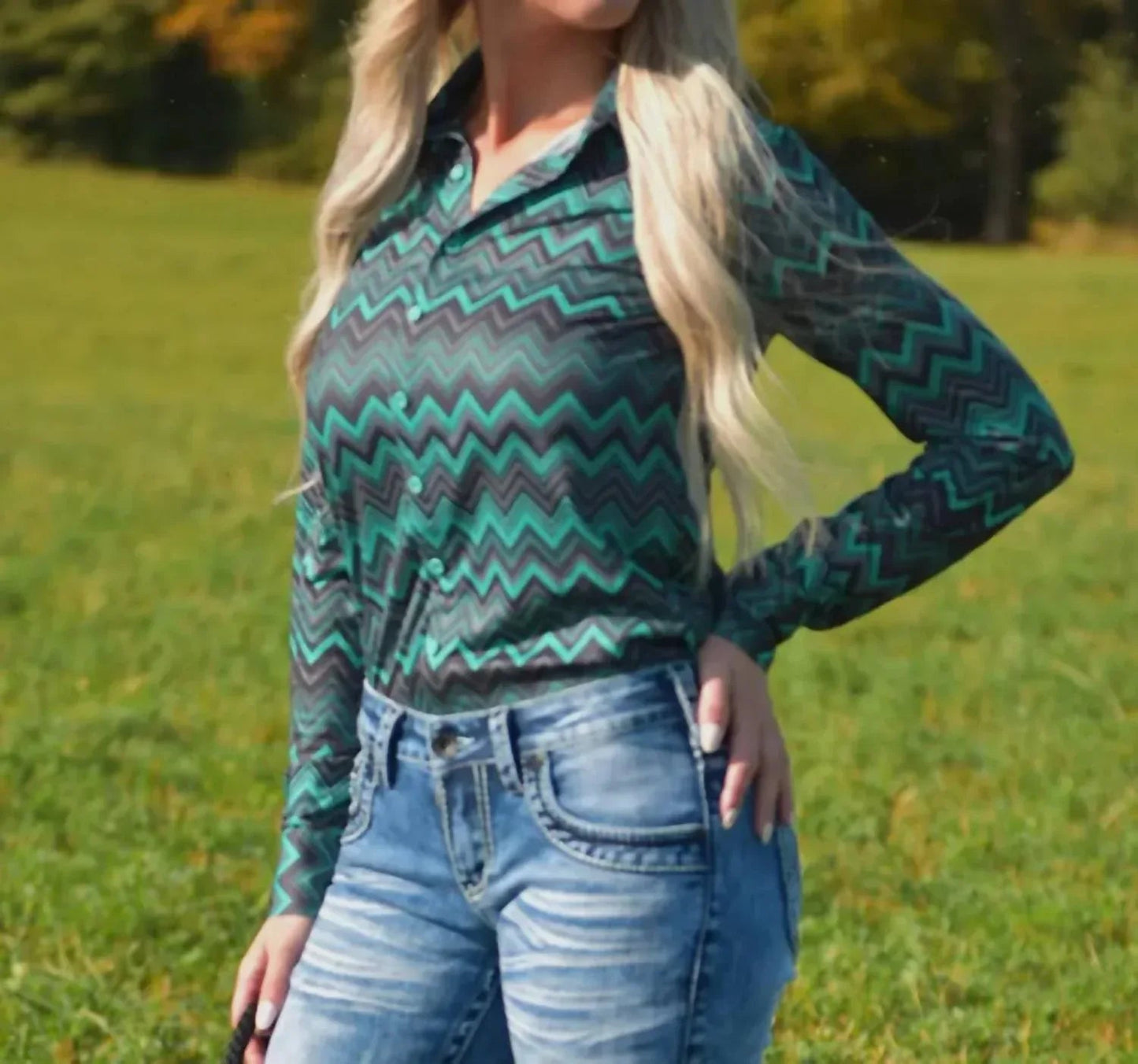 Pullover Chevron Print Stretch Jersey Button Up Top