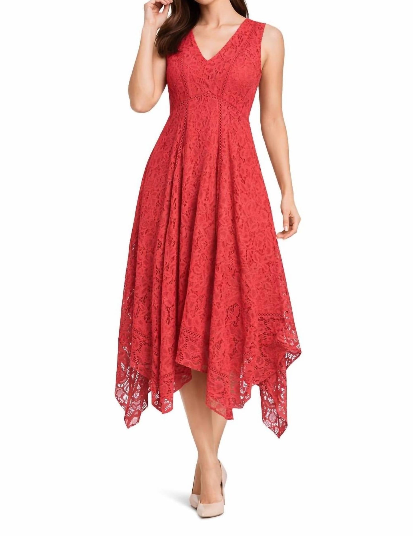 Ärmelloses V-Ausschnitt-Midikleid mit Spitze