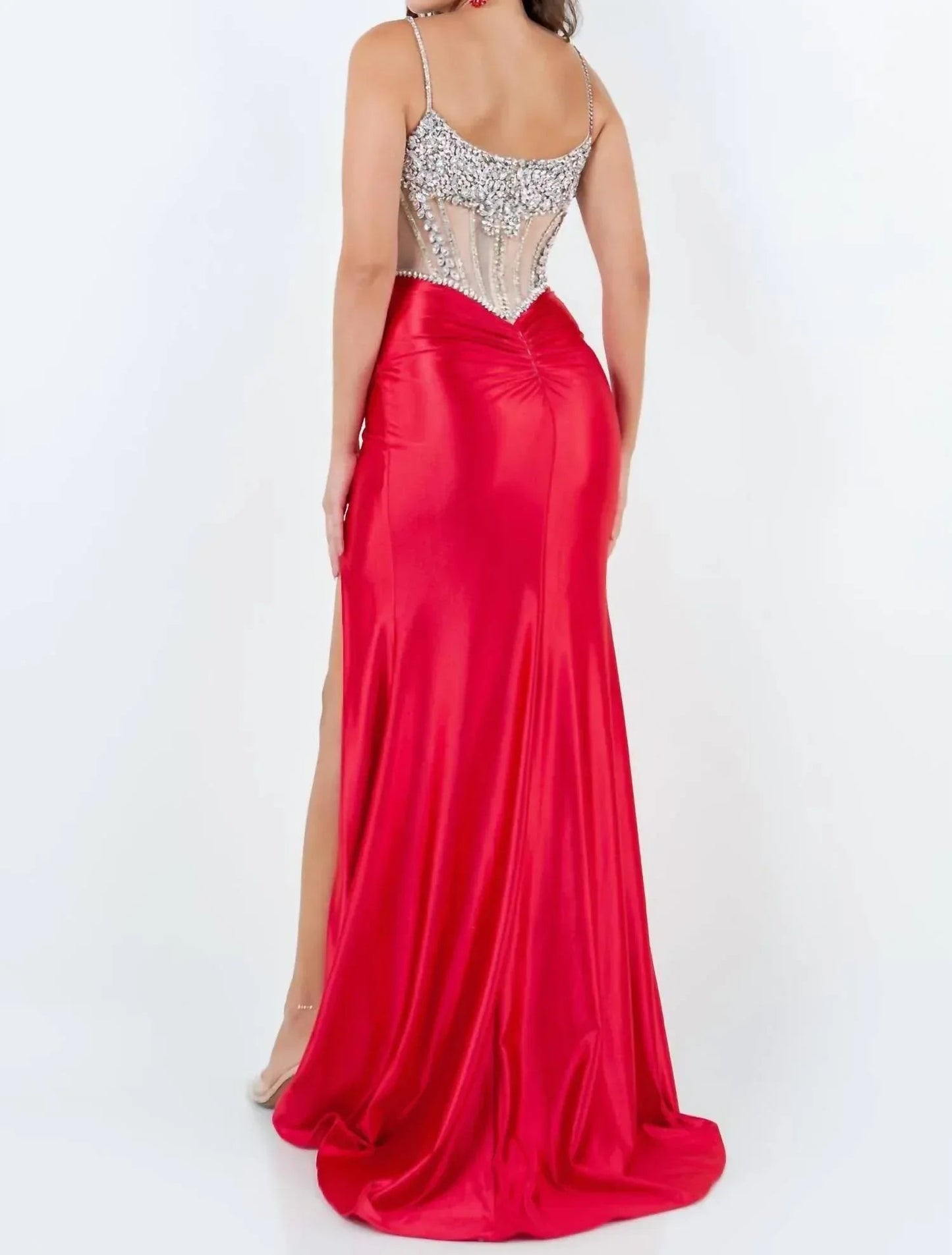 Perlenbesetztes, transparentes Korsettkleid mit Schlitz